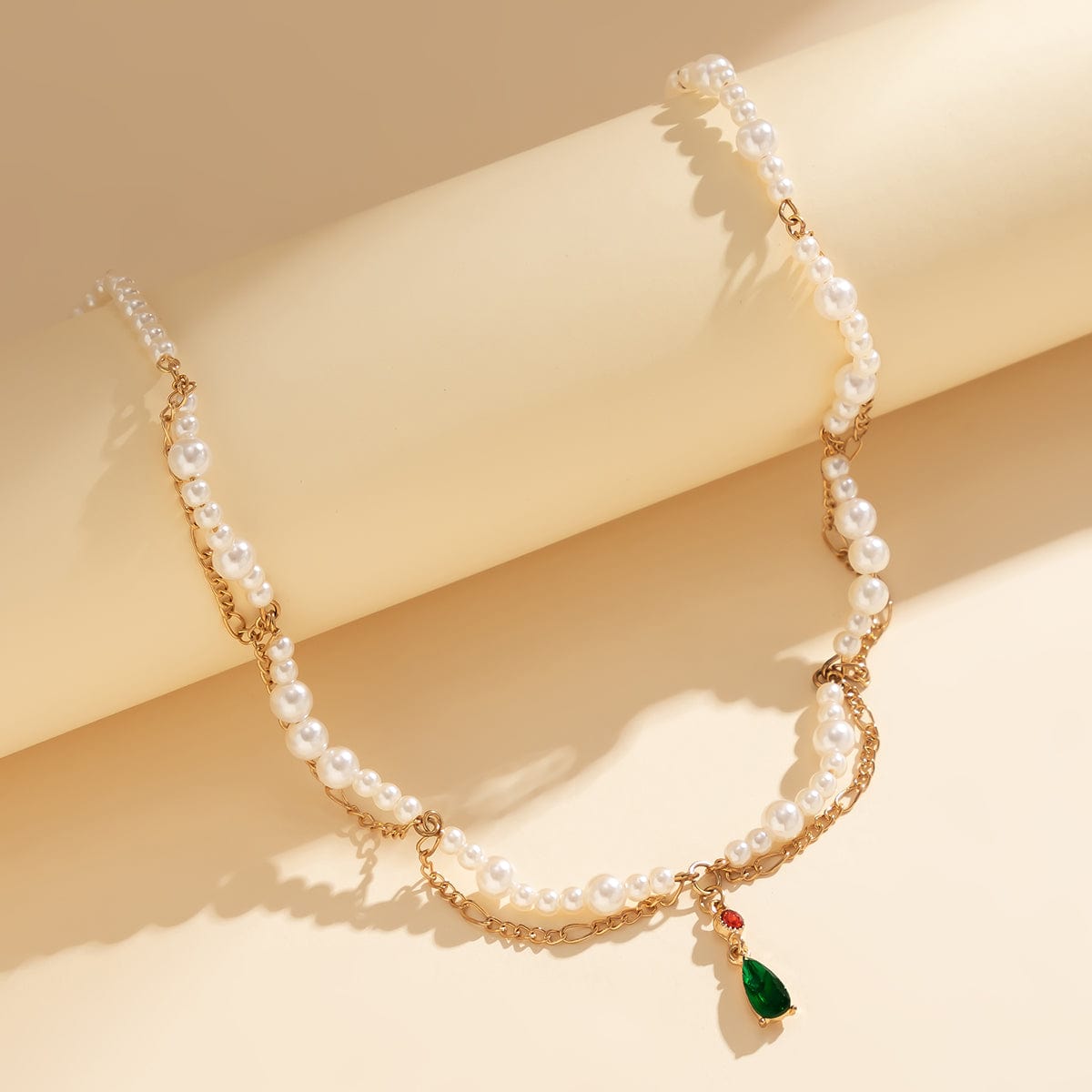 Elegant Layered Emerald Crystal Waterdrop Pendant Pearl Chain Necklace - ArtGalleryZen