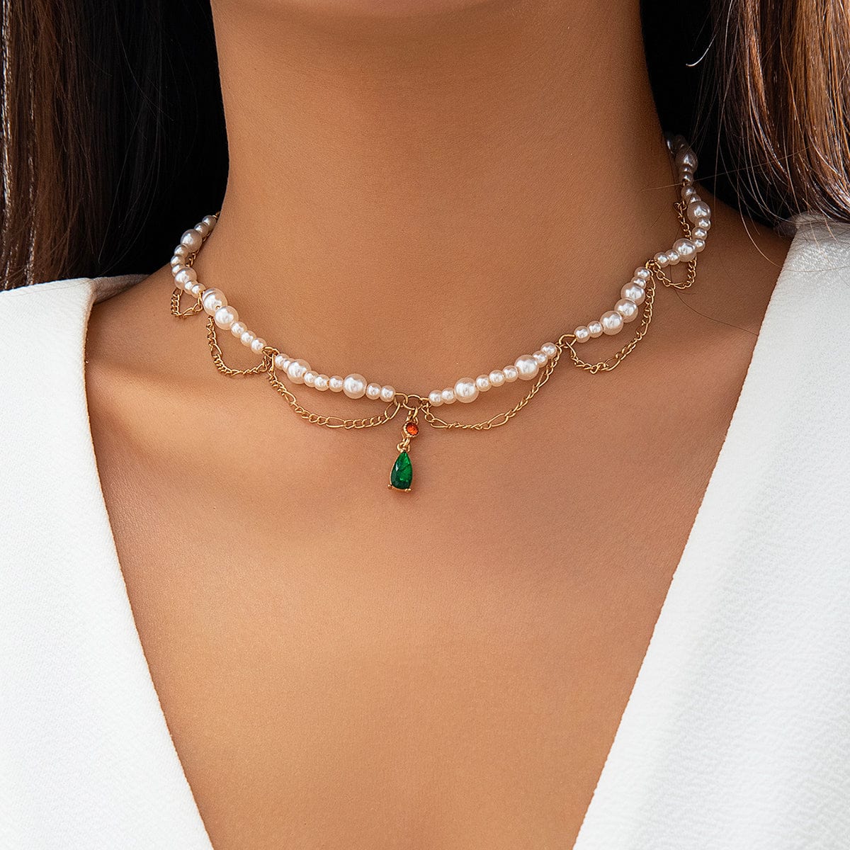Elegant Layered Emerald Crystal Waterdrop Pendant Pearl Chain Necklace - ArtGalleryZen
