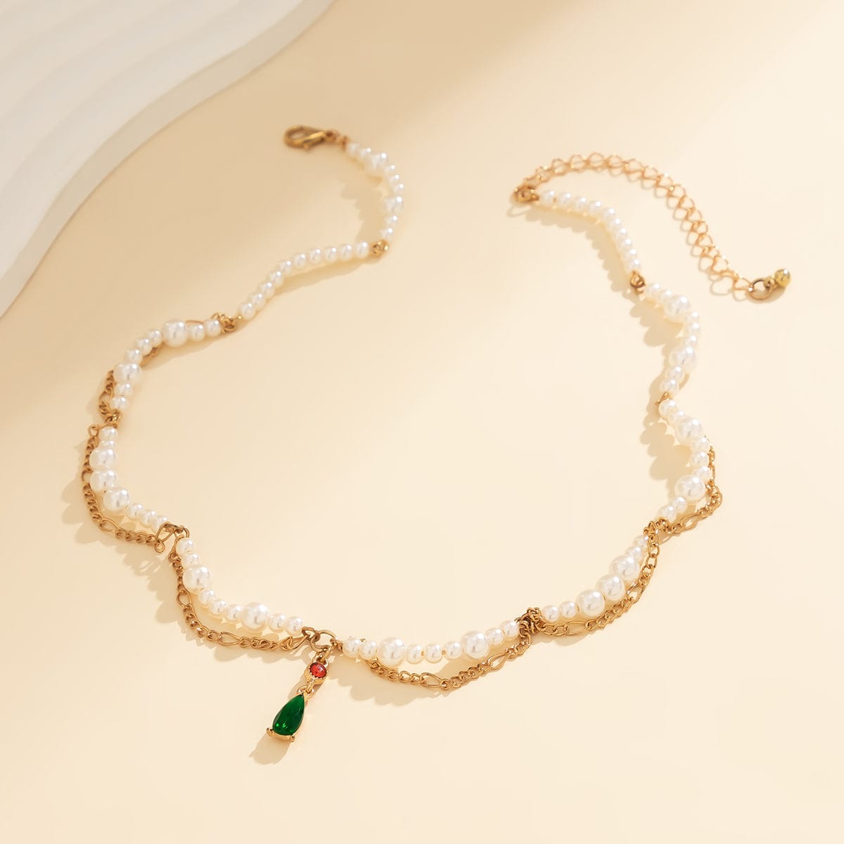 Elegant Layered Emerald Crystal Waterdrop Pendant Pearl Chain Necklace - ArtGalleryZen