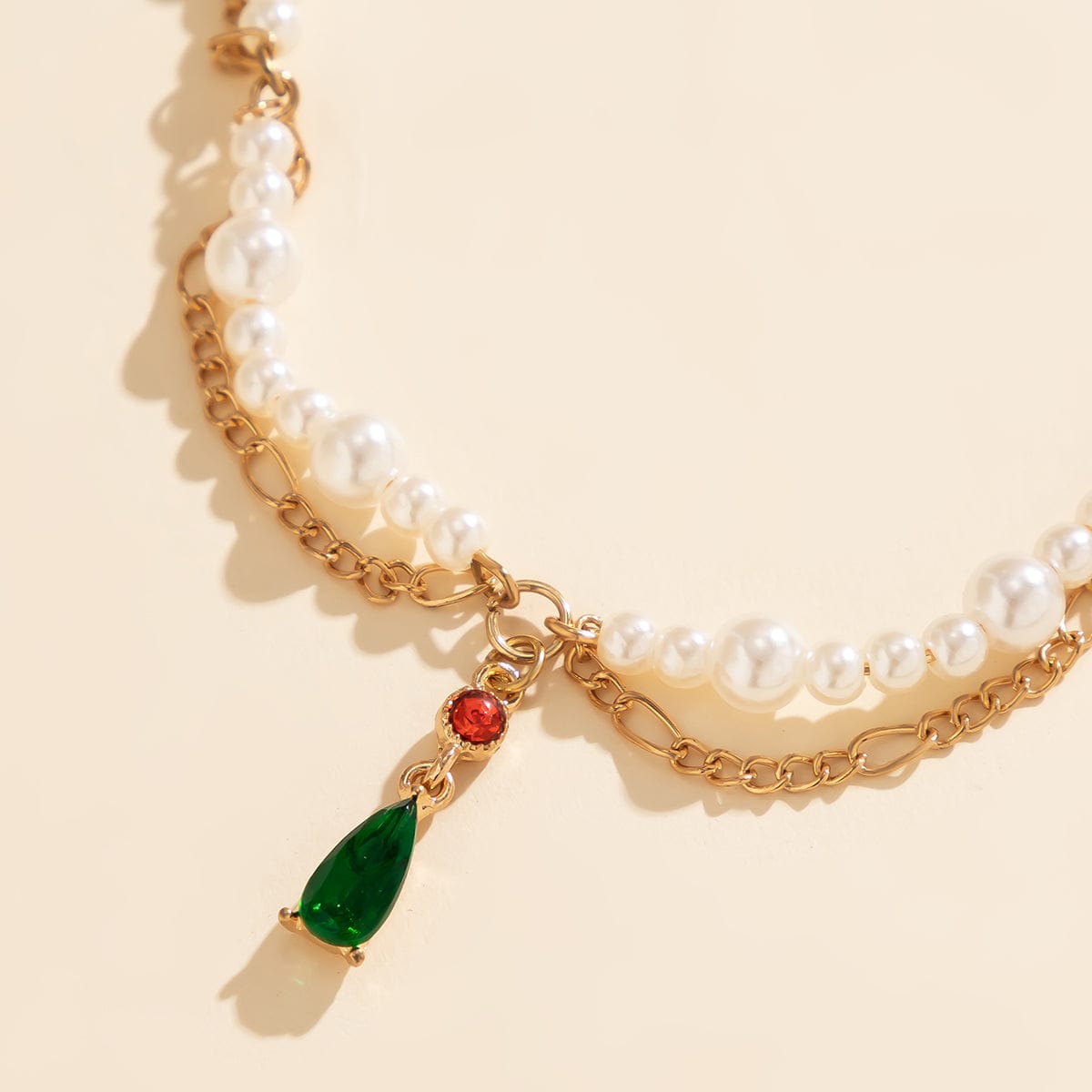 Elegant Layered Emerald Crystal Waterdrop Pendant Pearl Chain Necklace - ArtGalleryZen