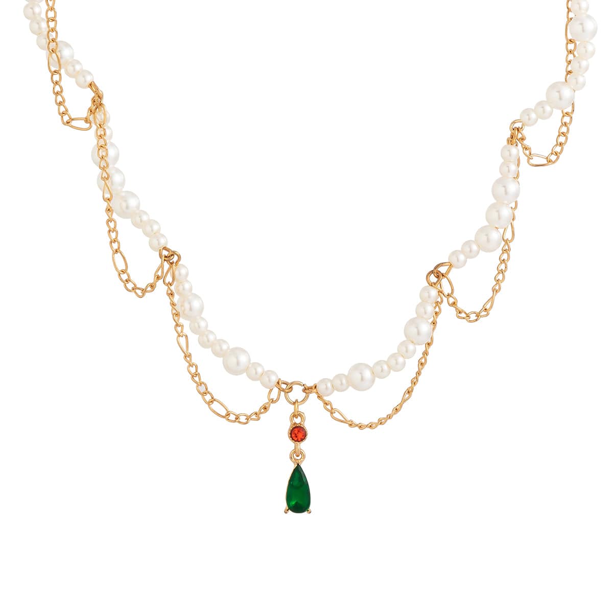 Elegant Layered Emerald Crystal Waterdrop Pendant Pearl Chain Necklace - ArtGalleryZen
