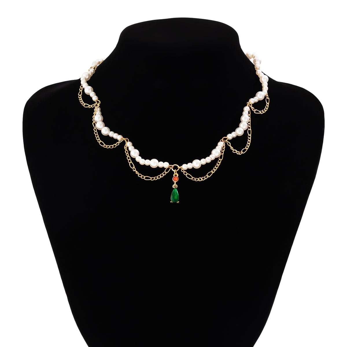 Elegant Layered Emerald Crystal Waterdrop Pendant Pearl Chain Necklace - ArtGalleryZen