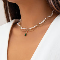 Thumbnail for Elegant Layered Emerald Crystal Waterdrop Pendant Pearl Chain Necklace - ArtGalleryZen