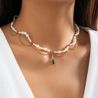 Thumbnail for Elegant Layered Emerald Crystal Waterdrop Pendant Pearl Chain Necklace - ArtGalleryZen