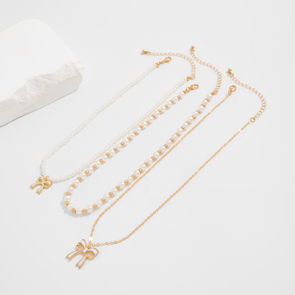 Elegant Layered Enamel Bowknot Pendant Pearl Chain Necklace Set - ArtGalleryZen