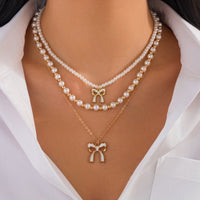 Thumbnail for Elegant Layered Enamel Bowknot Pendant Pearl Chain Necklace Set - ArtGalleryZen