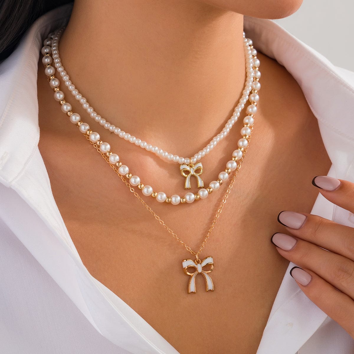 Elegant Layered Enamel Bowknot Pendant Pearl Chain Necklace Set - ArtGalleryZen