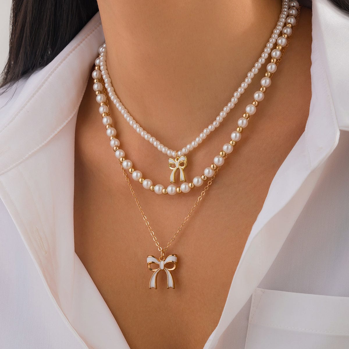 Elegant Layered Enamel Bowknot Pendant Pearl Chain Necklace Set - ArtGalleryZen