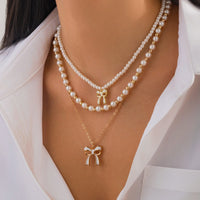 Thumbnail for Elegant Layered Enamel Bowknot Pendant Pearl Chain Necklace Set - ArtGalleryZen