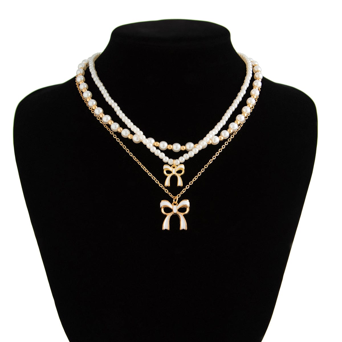 Elegant Layered Enamel Bowknot Pendant Pearl Chain Necklace Set - ArtGalleryZen