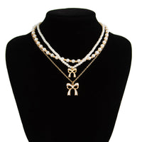 Thumbnail for Elegant Layered Enamel Bowknot Pendant Pearl Chain Necklace Set - ArtGalleryZen