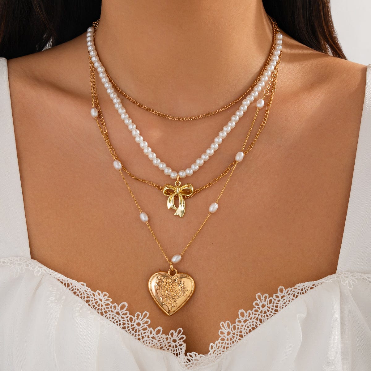 Elegant Layered Floral Heart Bowknot Pendant Pearl Chain Necklace