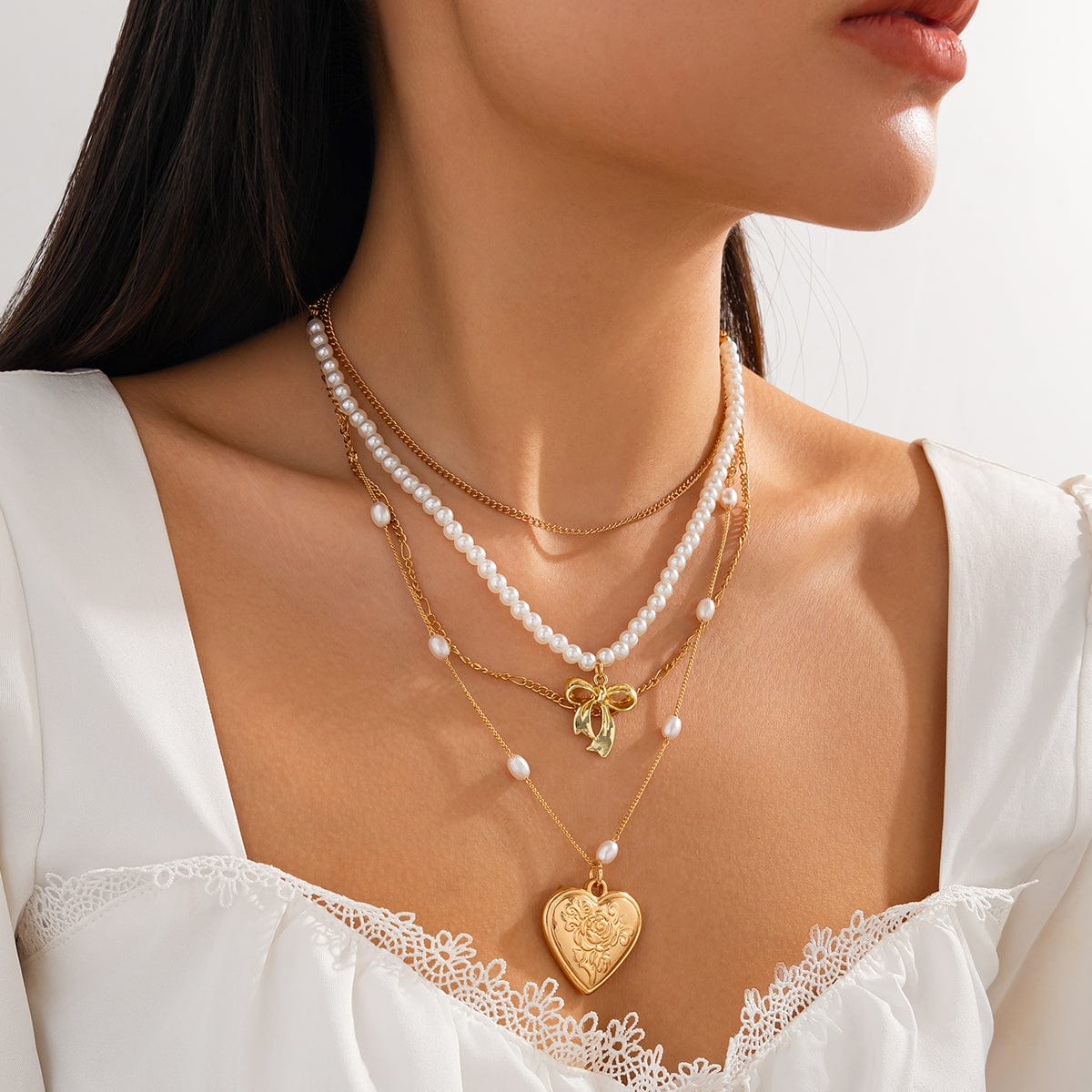 Elegant Layered Floral Heart Bowknot Pendant Pearl Chain Necklace