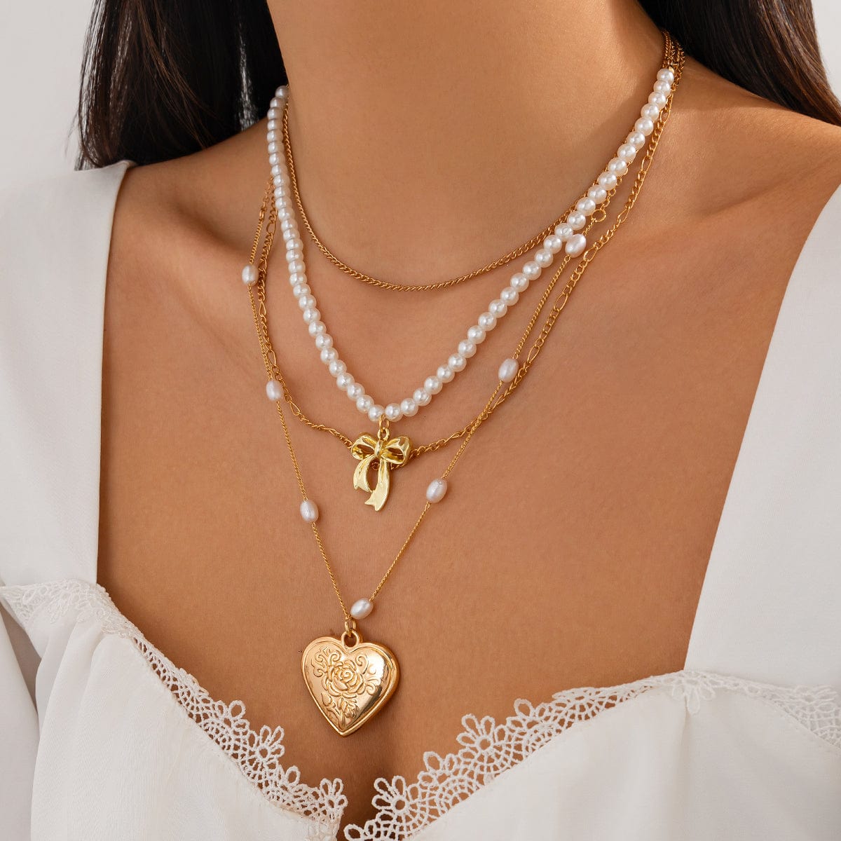 Elegant Layered Floral Heart Bowknot Pendant Pearl Chain Necklace