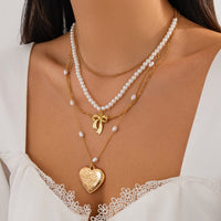 Thumbnail for Elegant Layered Floral Heart Bowknot Pendant Pearl Chain Necklace