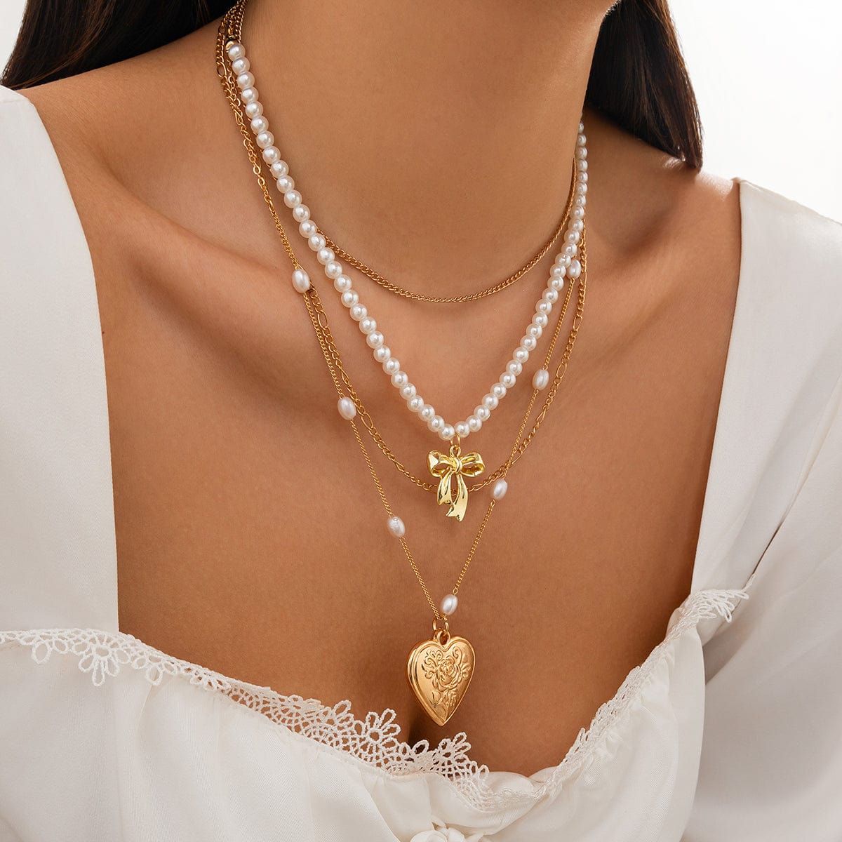 Elegant Layered Floral Heart Bowknot Pendant Pearl Chain Necklace