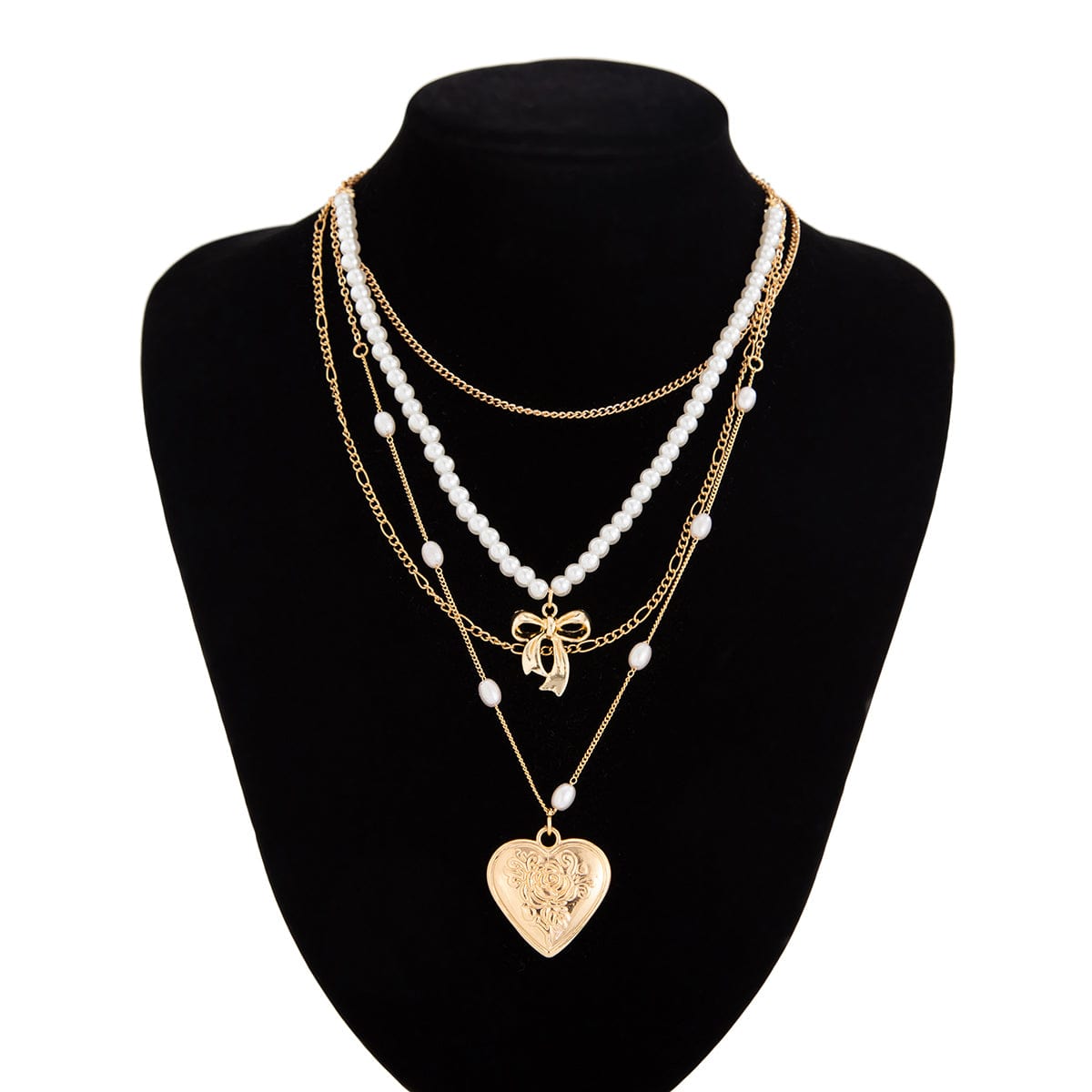 Elegant Layered Floral Heart Bowknot Pendant Pearl Chain Necklace