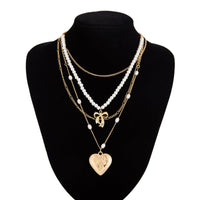 Thumbnail for Elegant Layered Floral Heart Bowknot Pendant Pearl Chain Necklace