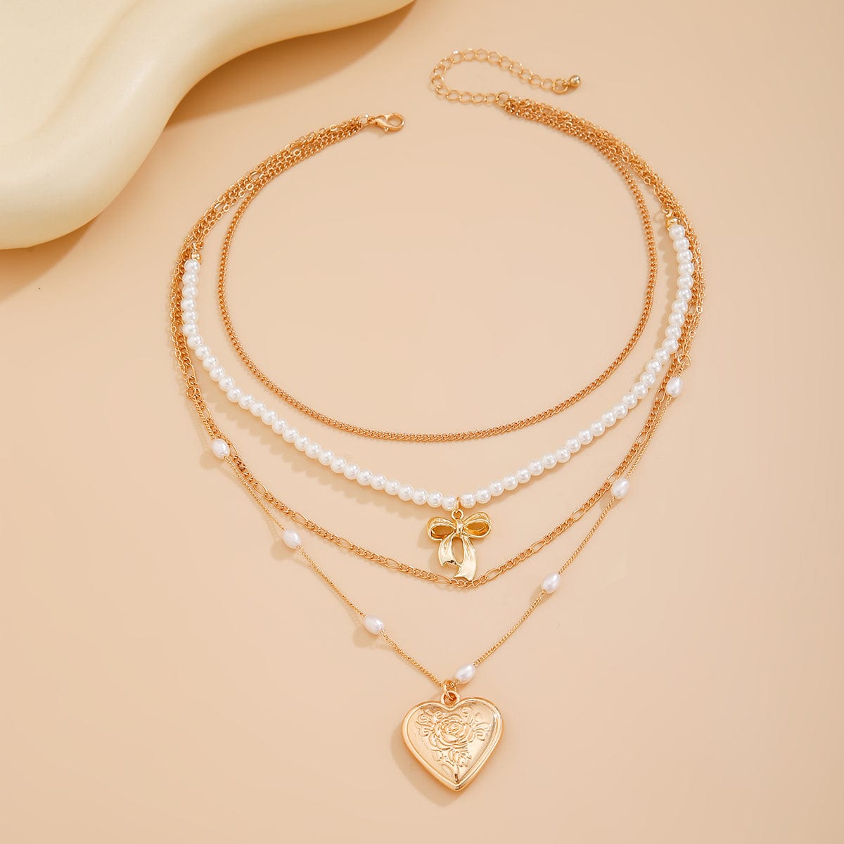 Elegant Layered Floral Heart Bowknot Pendant Pearl Chain Necklace