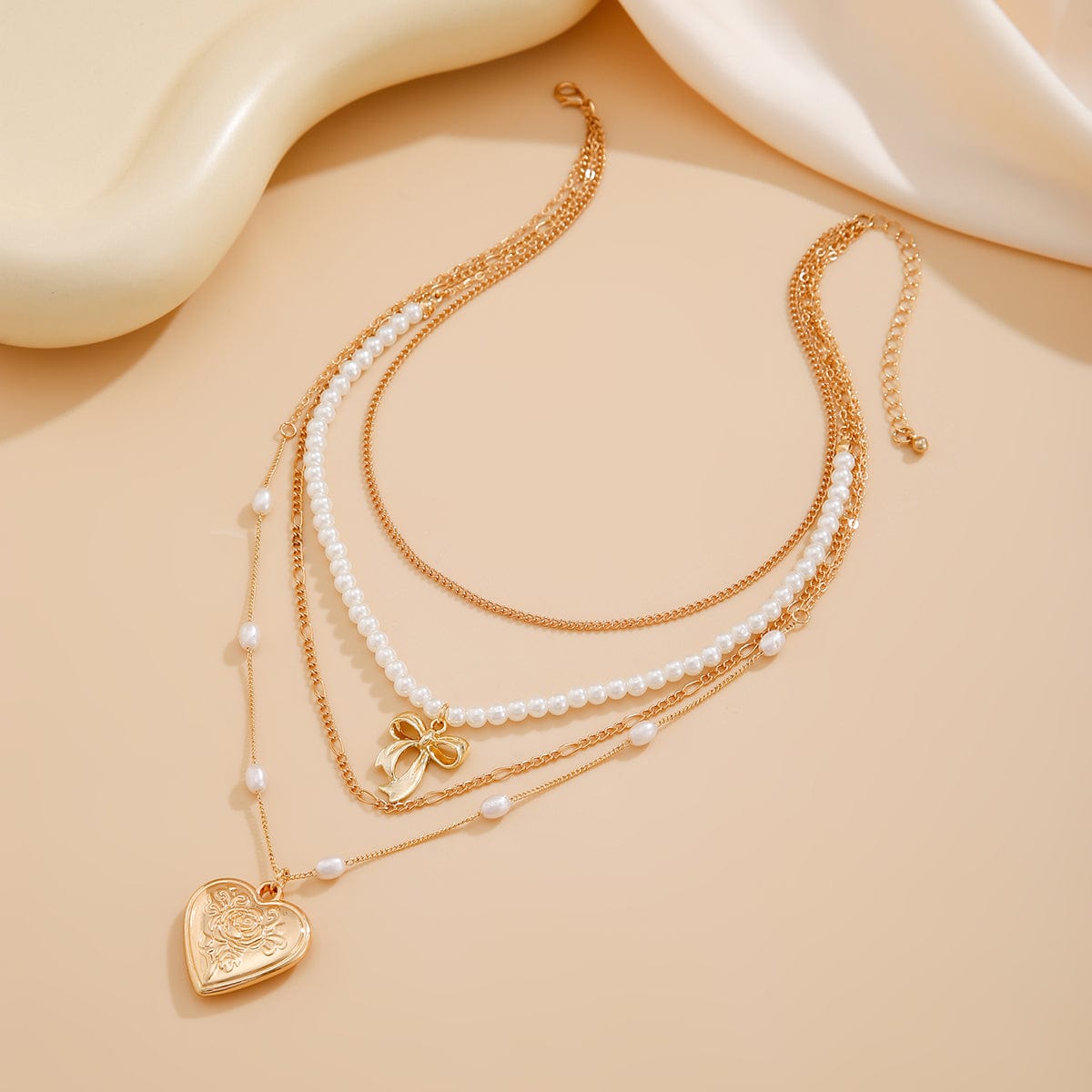 Elegant Layered Floral Heart Bowknot Pendant Pearl Chain Necklace