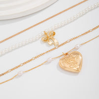 Thumbnail for Elegant Layered Floral Heart Bowknot Pendant Pearl Chain Necklace