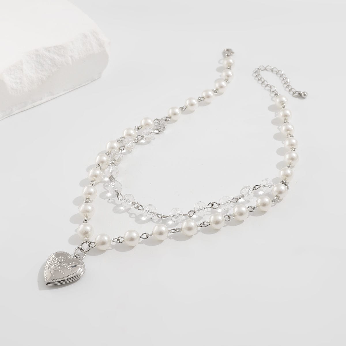 Elegant Layered Floral Heart Pendant Crystal Pearl Chain Necklace - ArtGalleryZen