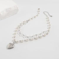 Thumbnail for Elegant Layered Floral Heart Pendant Crystal Pearl Chain Necklace - ArtGalleryZen