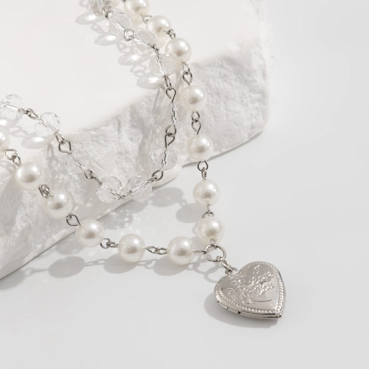 Elegant Layered Floral Heart Pendant Crystal Pearl Chain Necklace - ArtGalleryZen