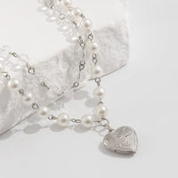 Thumbnail for Elegant Layered Floral Heart Pendant Crystal Pearl Chain Necklace - ArtGalleryZen