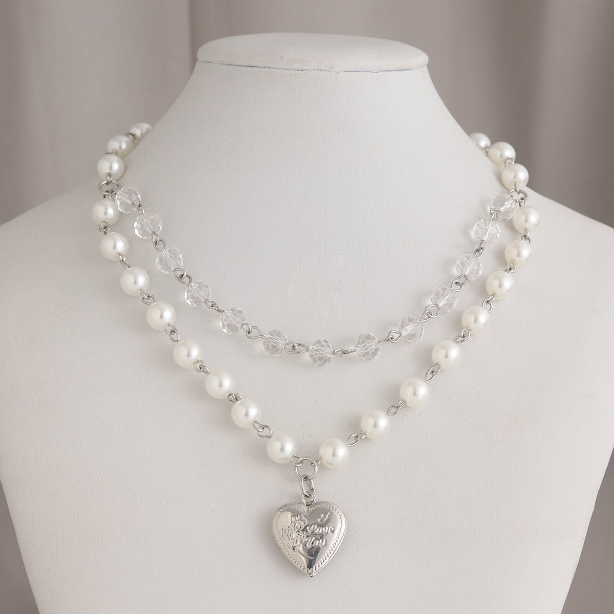 Elegant Layered Floral Heart Pendant Crystal Pearl Chain Necklace - ArtGalleryZen