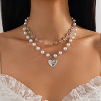 Thumbnail for Elegant Layered Floral Heart Pendant Crystal Pearl Chain Necklace - ArtGalleryZen