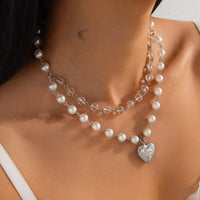 Thumbnail for Elegant Layered Floral Heart Pendant Crystal Pearl Chain Necklace - ArtGalleryZen