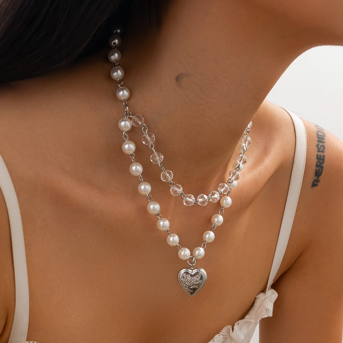 Elegant Layered Floral Heart Pendant Crystal Pearl Chain Necklace - ArtGalleryZen