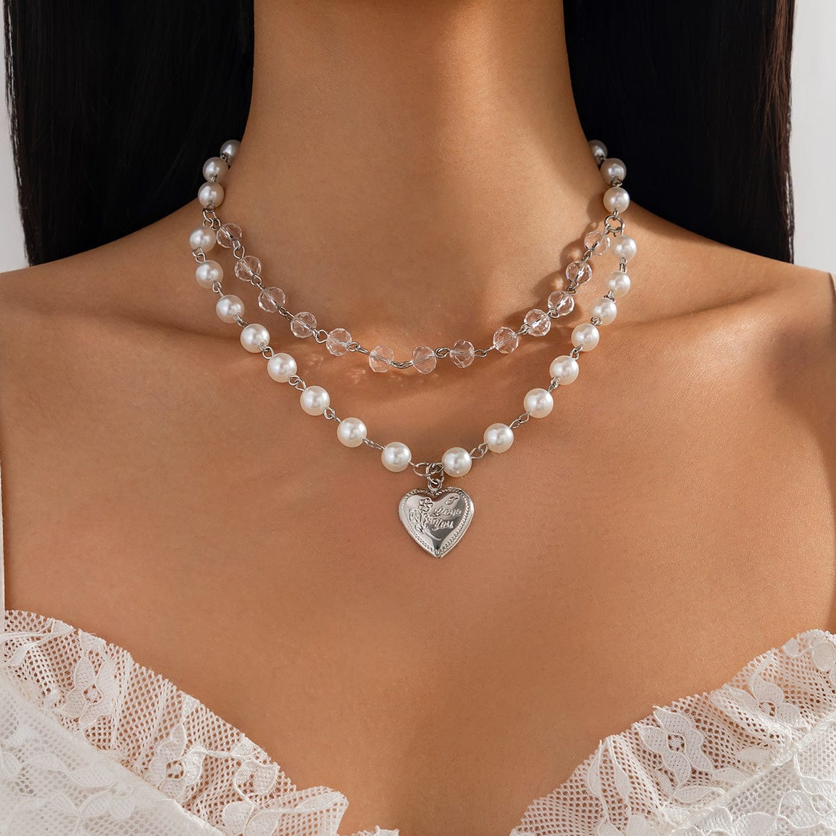 Elegant Layered Floral Heart Pendant Crystal Pearl Chain Necklace