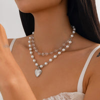 Thumbnail for Elegant Layered Floral Heart Pendant Crystal Pearl Chain Necklace