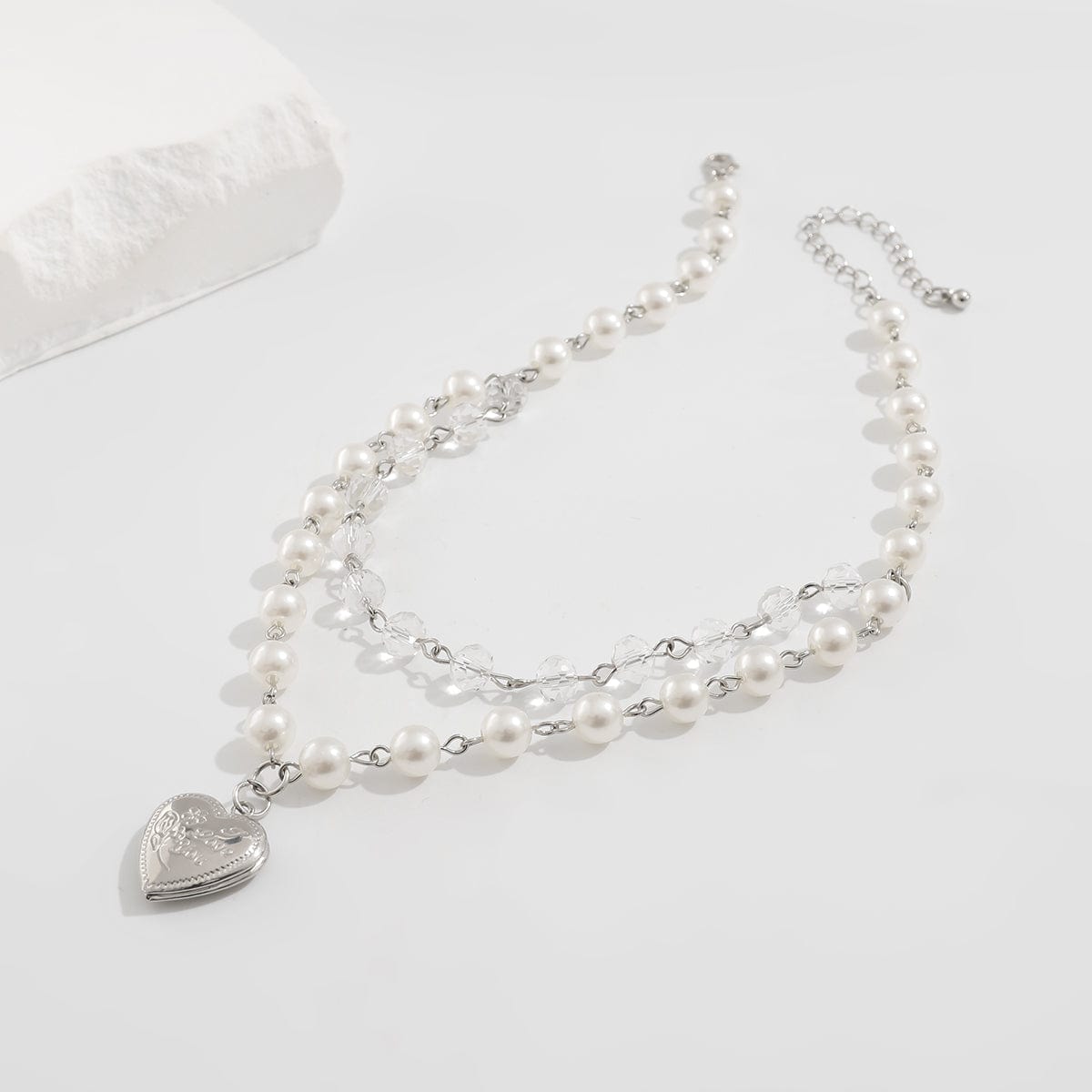 Elegant Layered Floral Heart Pendant Crystal Pearl Chain Necklace