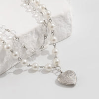 Thumbnail for Elegant Layered Floral Heart Pendant Crystal Pearl Chain Necklace