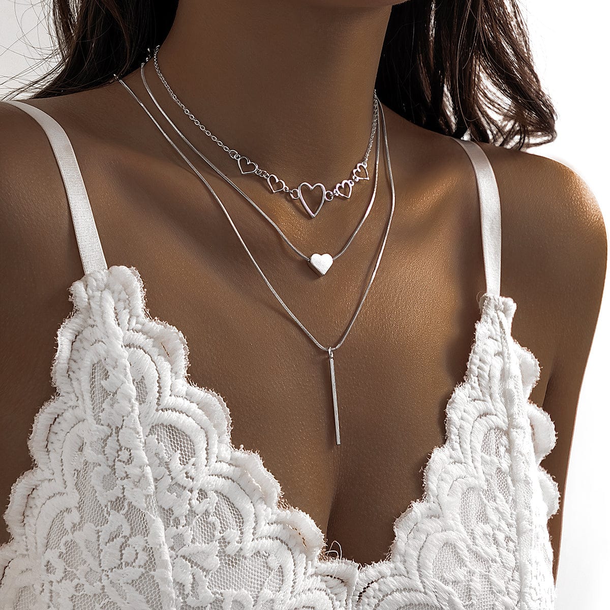 Elegant Layered Heart Bar Pendant Chain Necklace Set - ArtGalleryZen