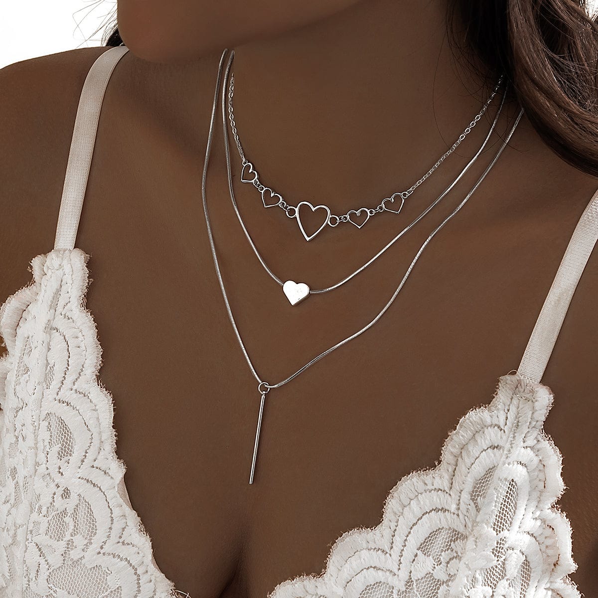 Elegant Layered Heart Bar Pendant Chain Necklace Set - ArtGalleryZen