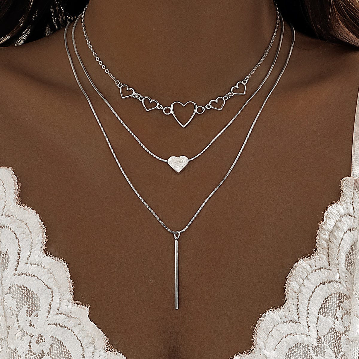 Elegant Layered Heart Bar Pendant Chain Necklace Set - ArtGalleryZen