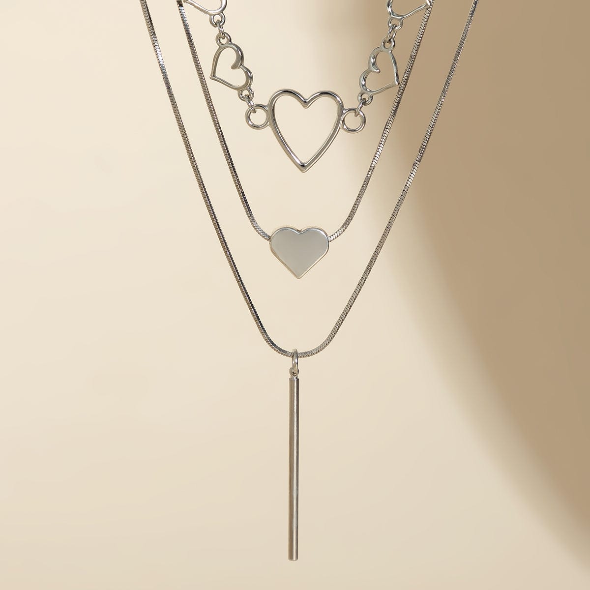 Elegant Layered Heart Bar Pendant Chain Necklace Set - ArtGalleryZen