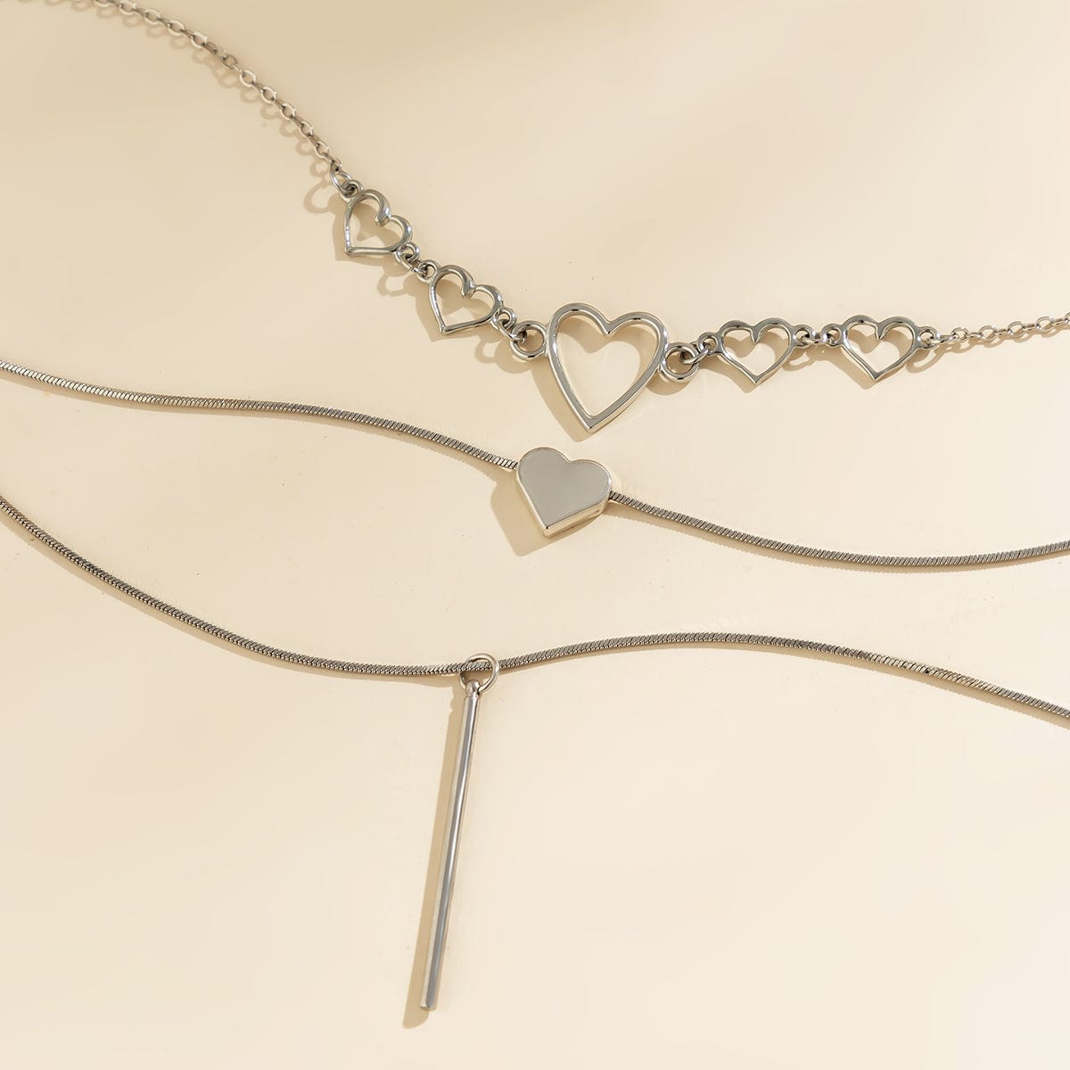 Elegant Layered Heart Bar Pendant Chain Necklace Set - ArtGalleryZen