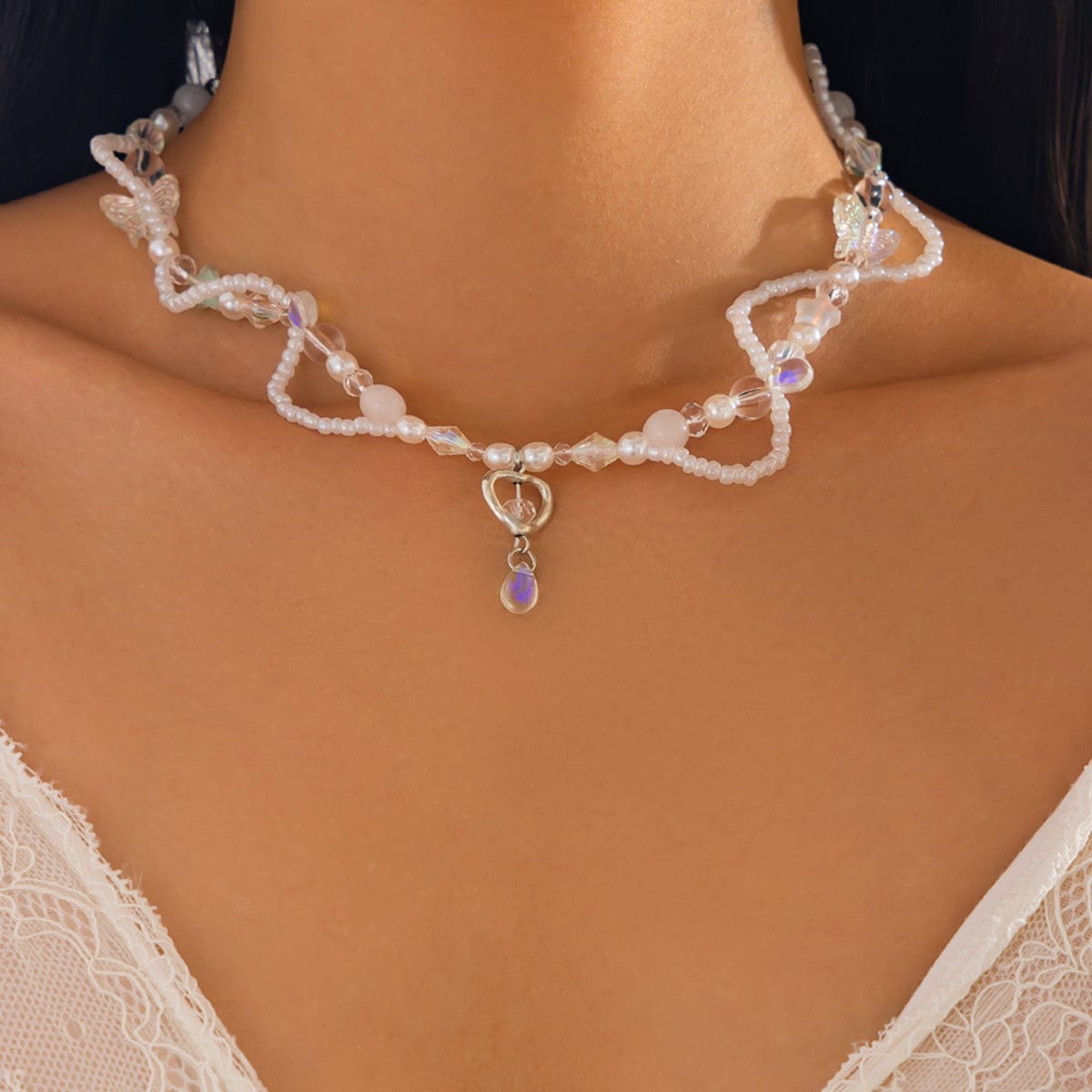 Elegant Layered Heart Crystal Charm Pearl Seed Bead Chain Necklace - ArtGalleryZen