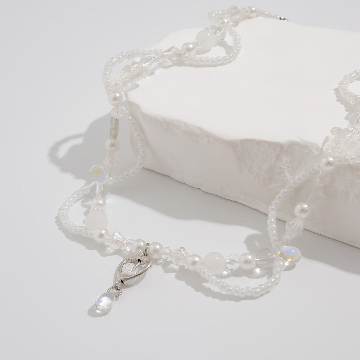 Elegant Layered Heart Crystal Charm Pearl Seed Bead Chain Necklace - ArtGalleryZen