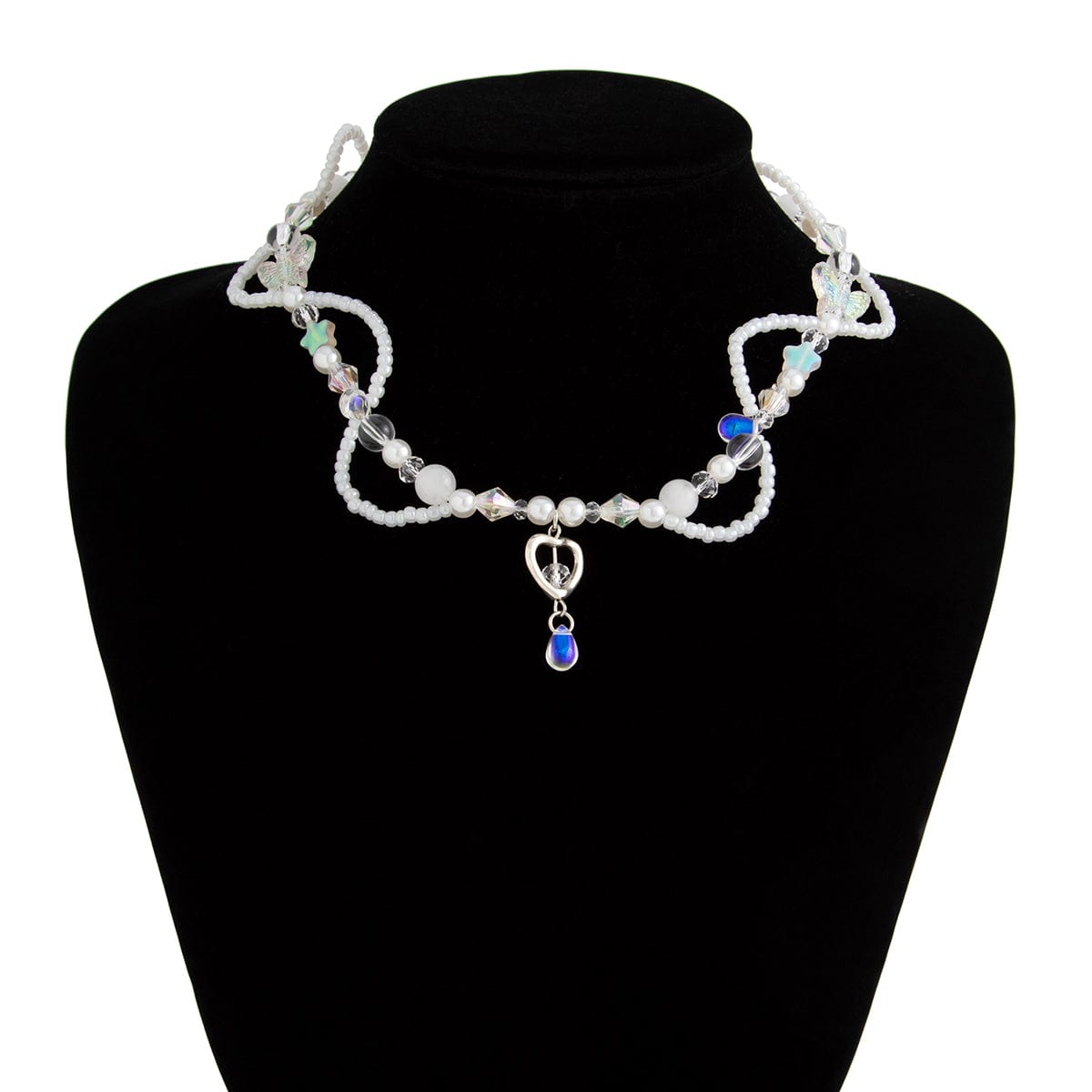 Elegant Layered Heart Crystal Charm Pearl Seed Bead Chain Necklace - ArtGalleryZen