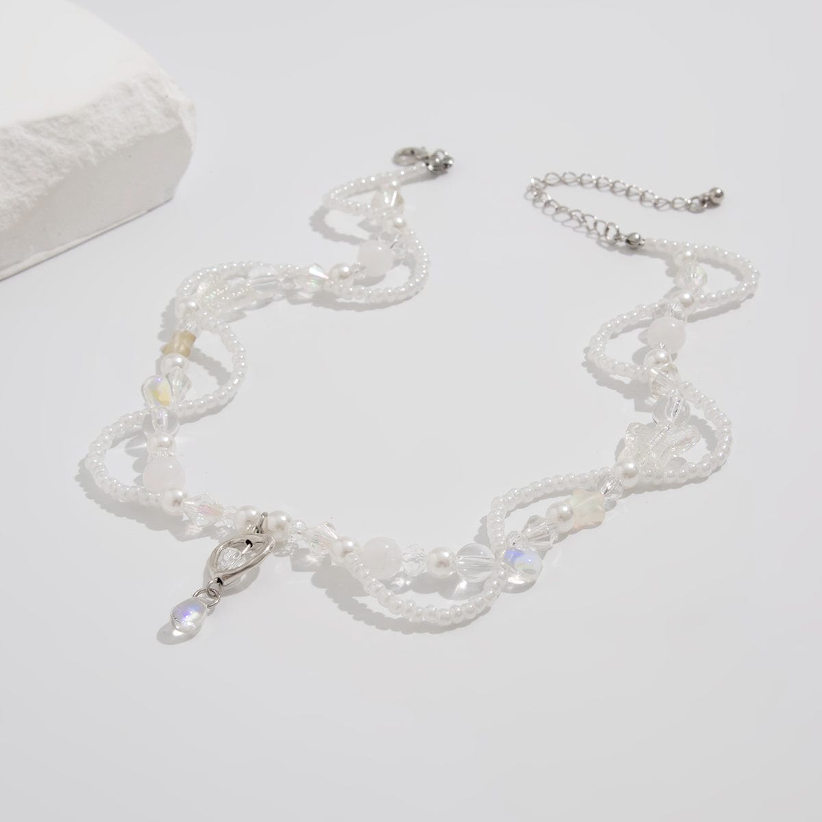 Elegant Layered Heart Crystal Charm Pearl Seed Bead Chain Necklace - ArtGalleryZen