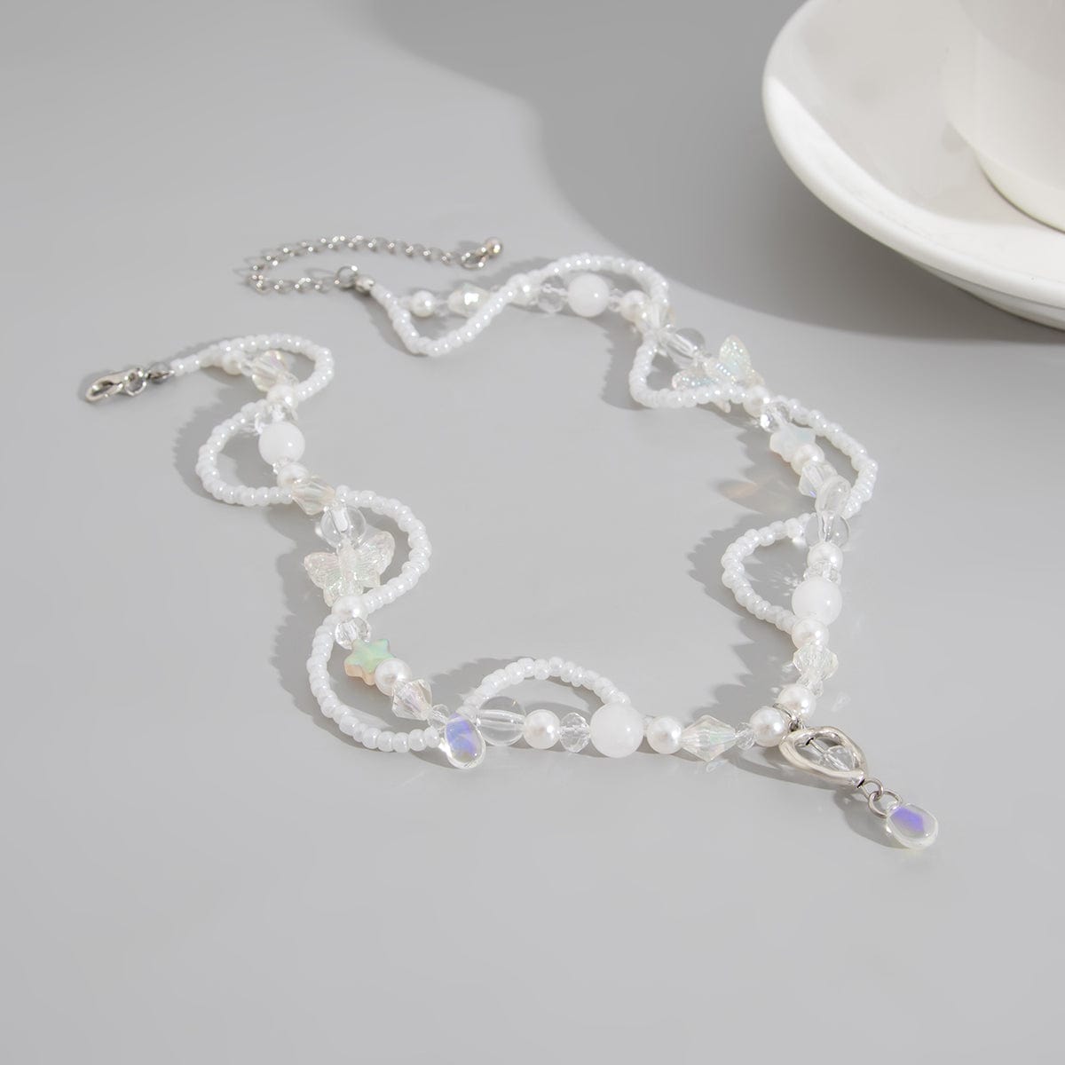 Elegant Layered Heart Crystal Charm Pearl Seed Bead Chain Necklace - ArtGalleryZen
