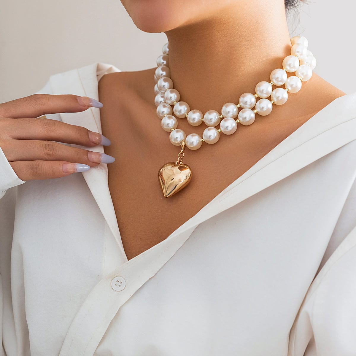 Elegant Layered Heart Pendant Chunky Pearl Chain Choker Necklace Set - ArtGalleryZen