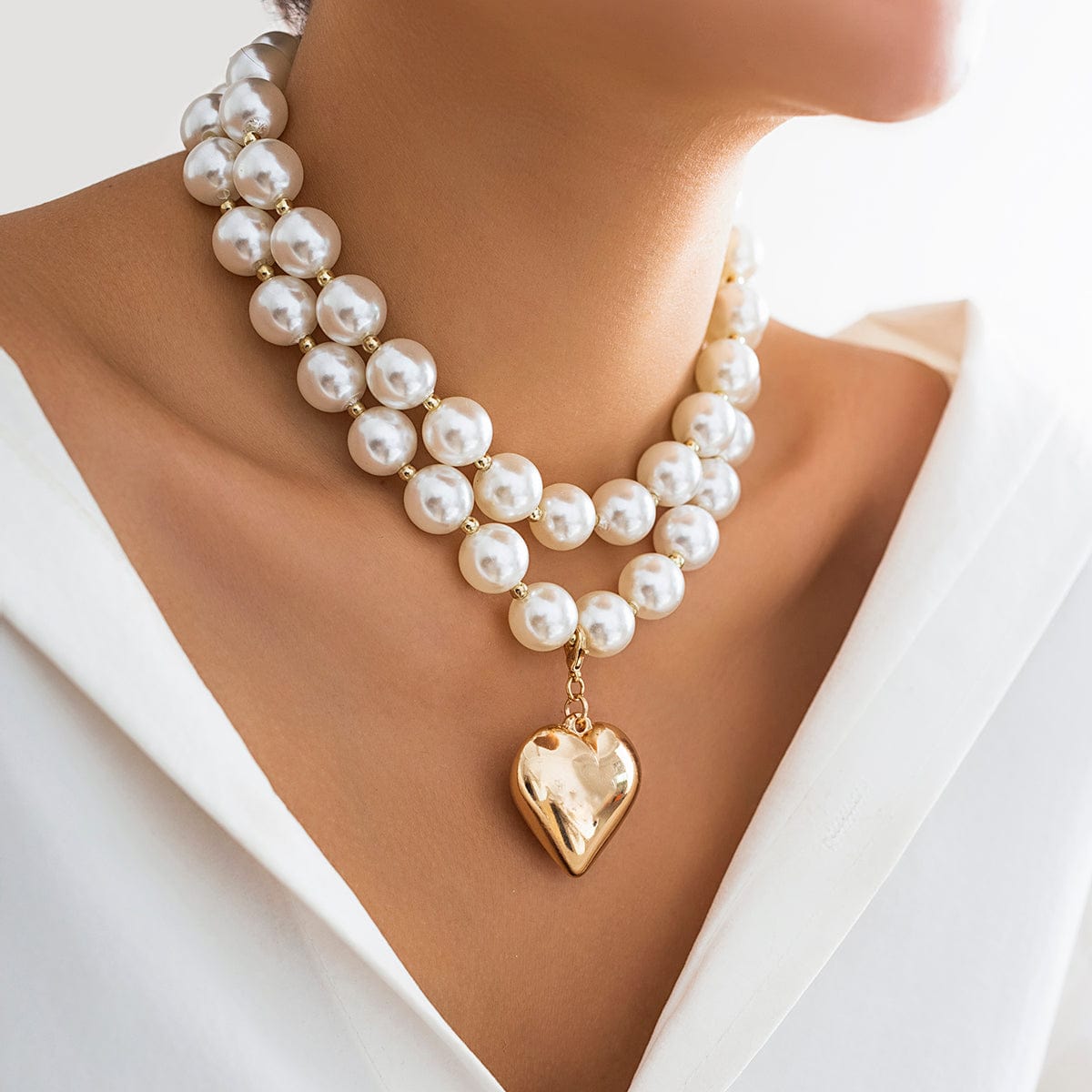 Elegant Layered Heart Pendant Chunky Pearl Chain Choker Necklace Set - ArtGalleryZen