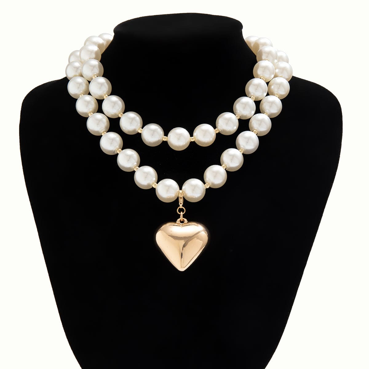 Elegant Layered Heart Pendant Chunky Pearl Chain Choker Necklace Set - ArtGalleryZen
